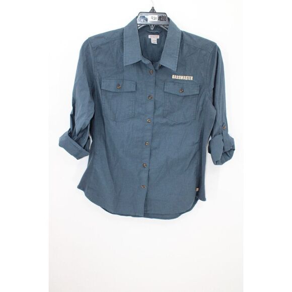 CARHARTT BASSMASTER L 12/14 WOMENS ROLL TAB CUFF SLEEVES BLUE SHIRT - Picture 1 of 7